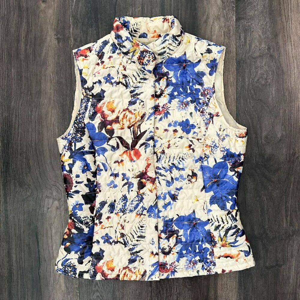 La Fee Maraboutee Puff Floral Snap Button Vest Sleeveless Zip Hand Pockets Sz 36